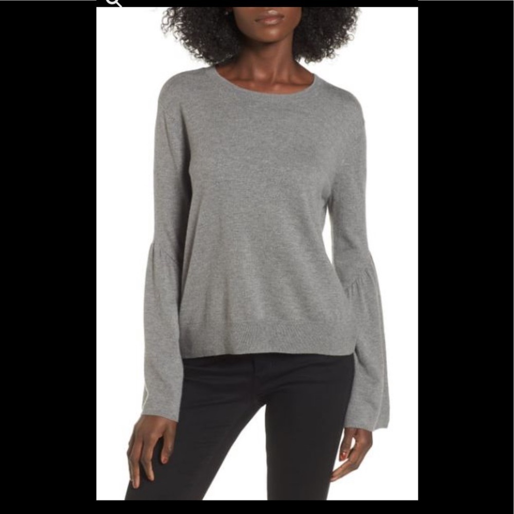 Anthropologie Leith Gray Bell Flare Sleeves Sweater Lightweight Wool Blend M